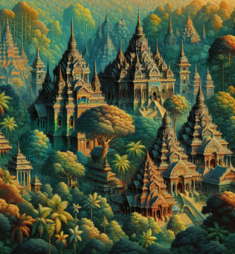 A vibrant and exotic South Asian landscape with temples and lush jungles.