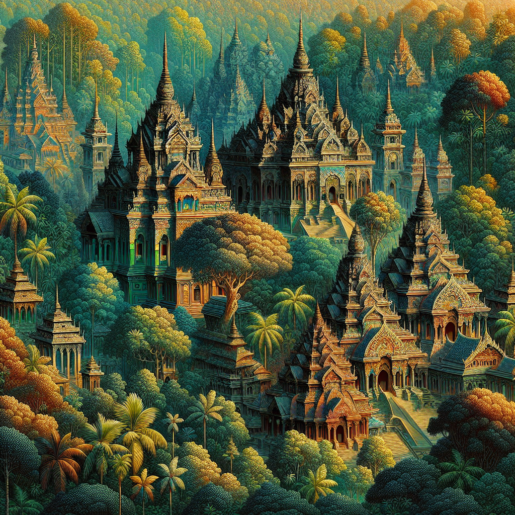 A vibrant and exotic South Asian landscape with temples and lush jungles.