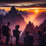 A breathtaking landscape of a mountain range in Asia at sunrise with travelers preparing their gear.