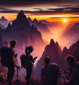 A breathtaking landscape of a mountain range in Asia at sunrise with travelers preparing their gear.