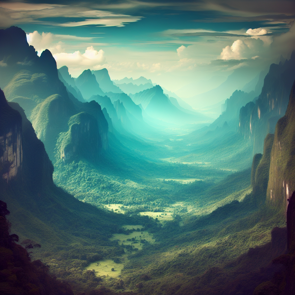 A breathtaking view of the Asian mountainous landscape with lush greenery and a serene valley.