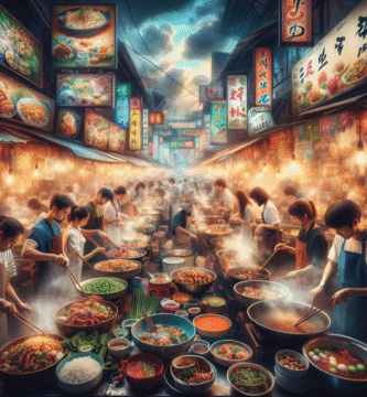 A vibrant scene of Asian street food market showcasing colorful dishes and diverse ingredients, bustling atmosphere.
