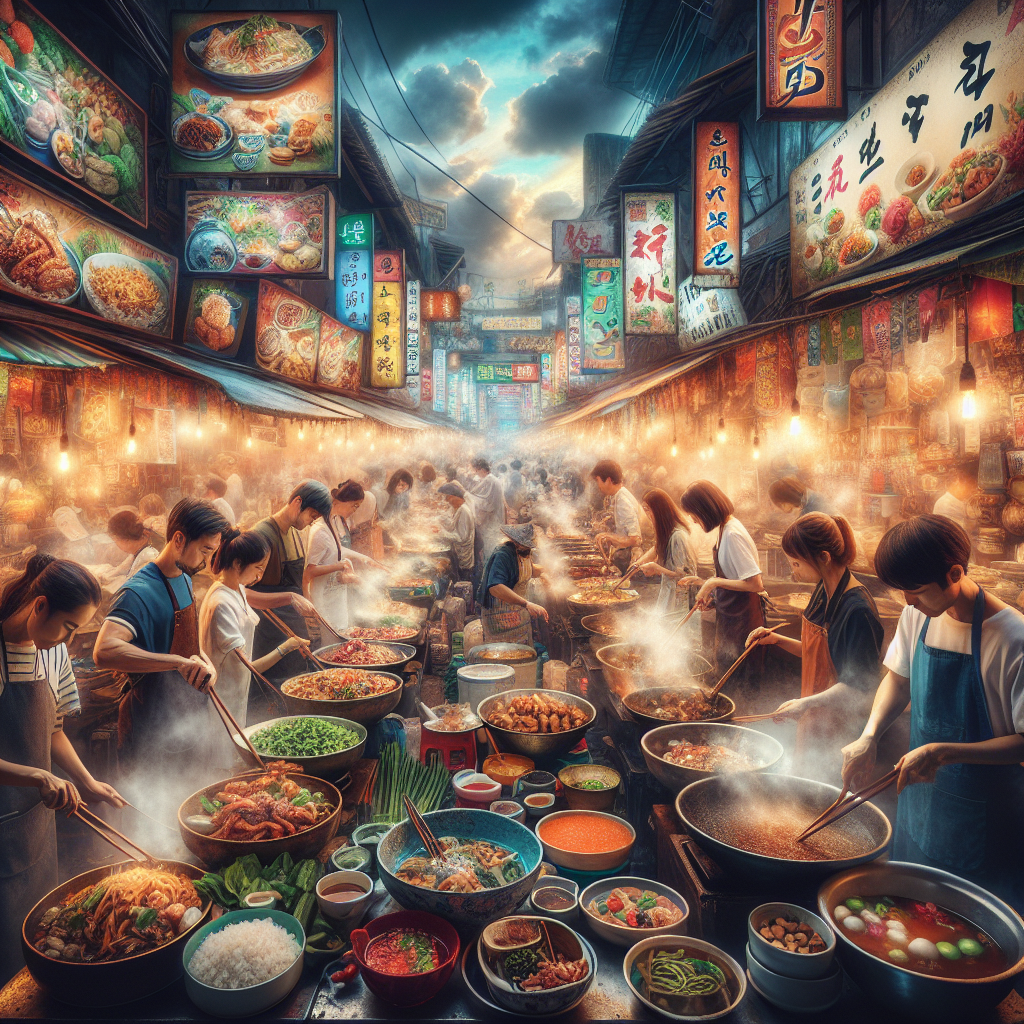 A vibrant scene of Asian street food market showcasing colorful dishes and diverse ingredients, bustling atmosphere.