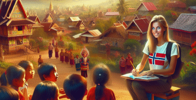 Ung norsk student i Asia som underviser lokale barn ved en landsby skole, varmt lys, kulturelt mangfold i bakgrunnen, vakre naturlandskap og vennlige ansikter