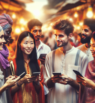 Flerkulturell gruppe mennesker i Asia som snakker sammen ved et marked, med digitale enheter og varme farger, fokus på ansiktsuttrykk og kroppsspråk