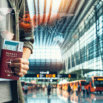 Norsk reisende holder pass og boardingkort foran et moderne internasjonalt flyplasskontor, kart over Asia i bakgrunnen, tydelig fokus på visum og reiseforberedelser, lys og informativt bilde