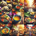 Fargerik collage av asiatisk gatemat og drikker: dampende dampboller, krydrede karrieretter, te- og kaffekopper, lokale markeder i myk, varm belysning